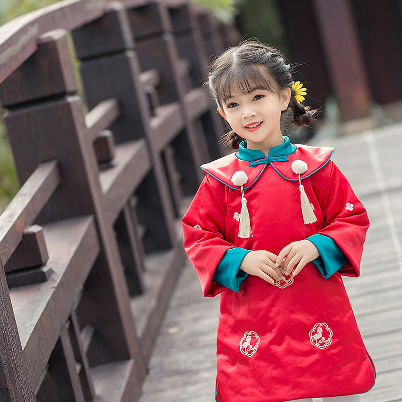 汉服女童秋冬款中国风拜年服冬装儿童过年衣服红色旗袍新年装加厚