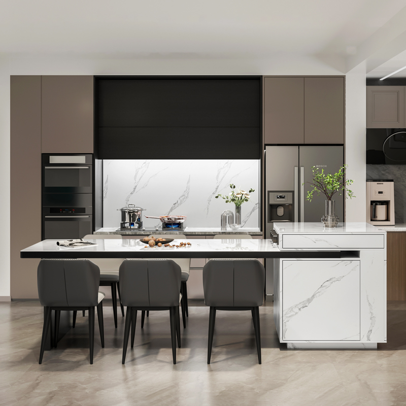 昱豪厨房岛台料理台餐桌一体岩板可伸缩实木简约现代开放式吧台