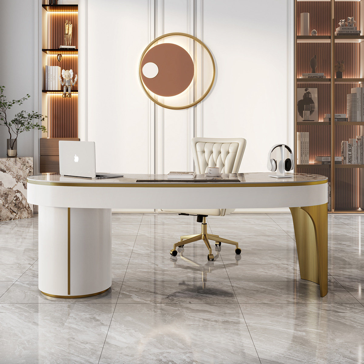 轻奢亮光岩板咨询桌现代简约网红洽谈桌办公书桌烤漆美容院接待台