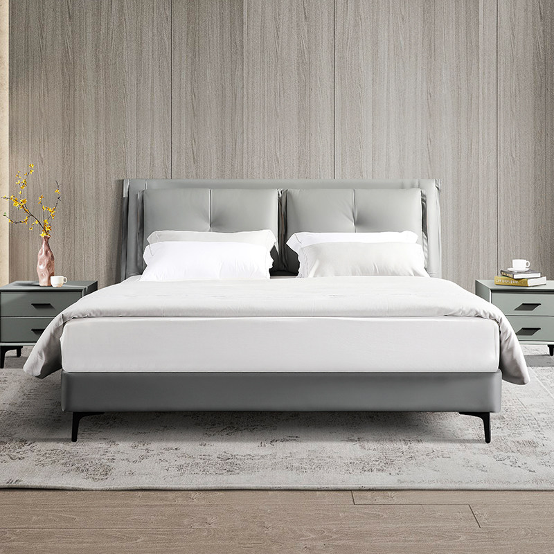 新飓北欧简约现代拉扣真皮床高床头靠背头层皮艺床