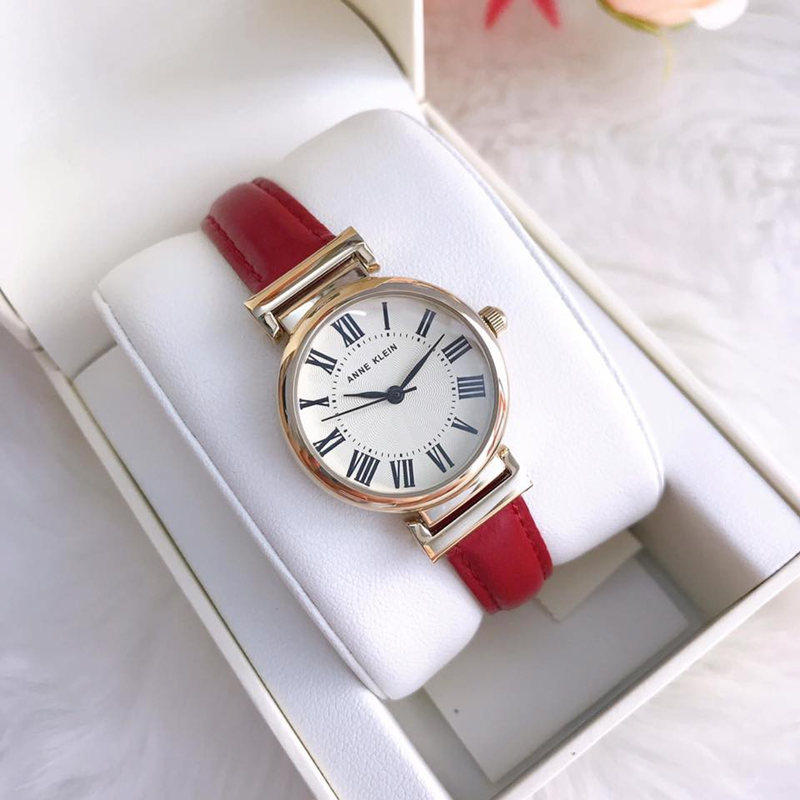anneklein安妮克莱因小红红色皮革手表复古精致女表欧美腕表