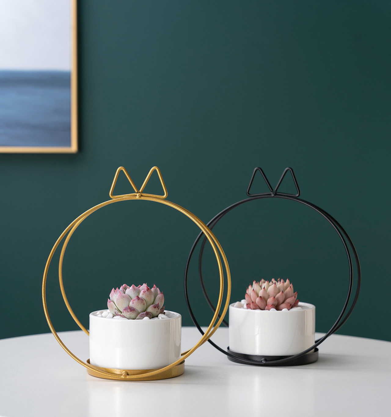 简约现代创意艺术圆形可爱可爱猫猫耳桌摆铁艺花盆