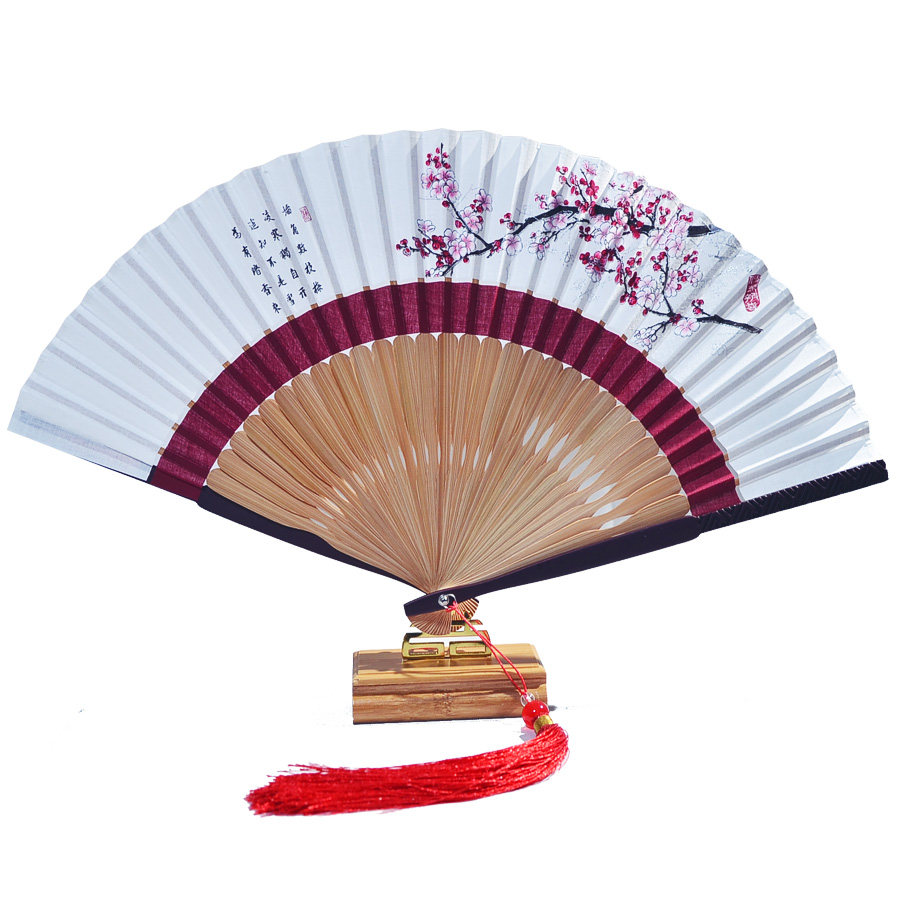 古典水墨画中国国风双节古风竹骨绿色红色7寸扇子