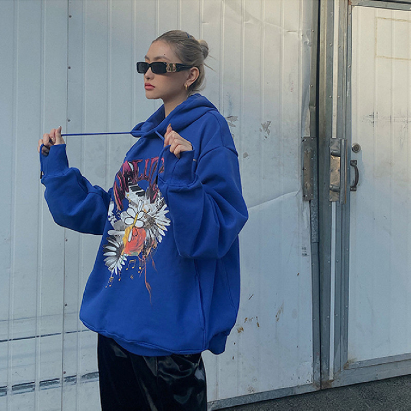 salute雏菊笑脸太阳花油画连帽休闲宽松长袖卫衣卫衣