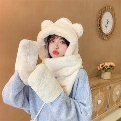 小熊护耳朵帽子围巾一体女秋冬季百搭可爱连帽毛绒保暖手套三件套价格比较