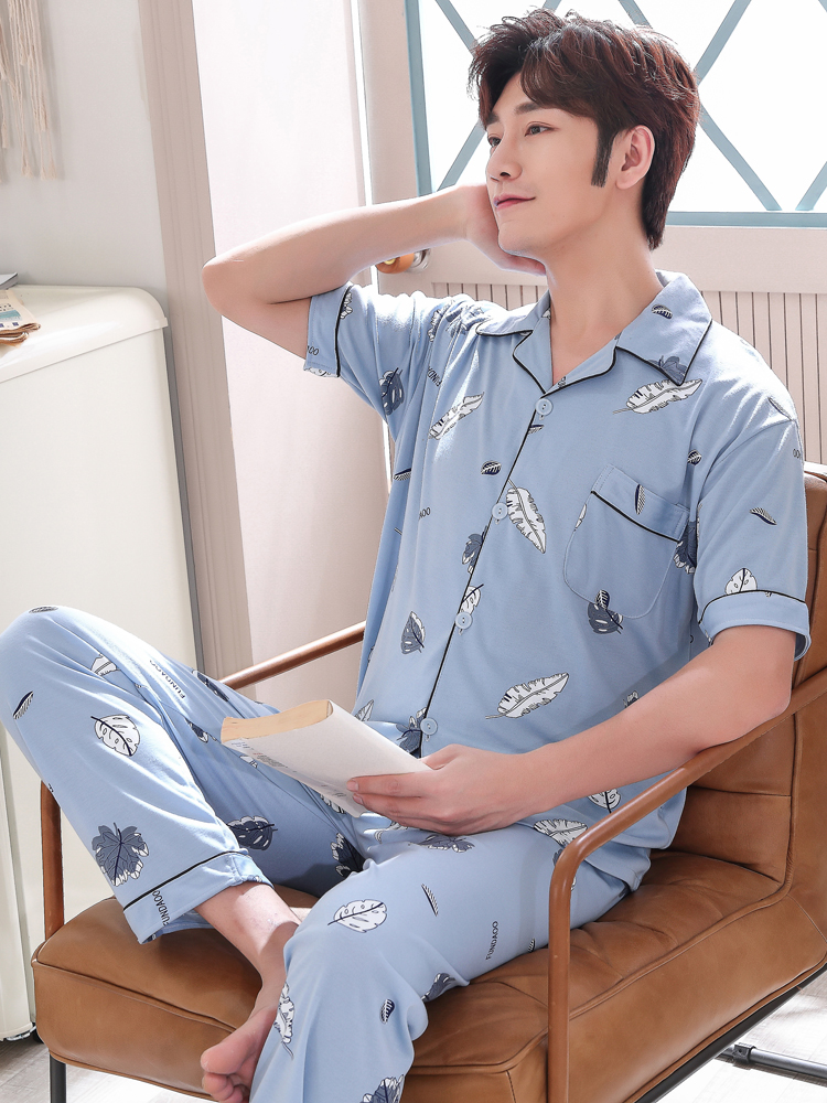 男士睡衣短袖长裤纯棉夏季家居服睡衣男款夏天春秋薄款全棉式套装