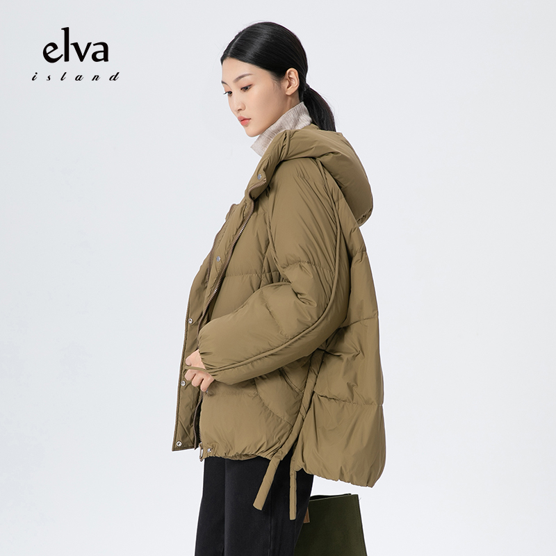 elvaisland黄色短款连帽羽绒服女冬宽松2022新款羽绒服