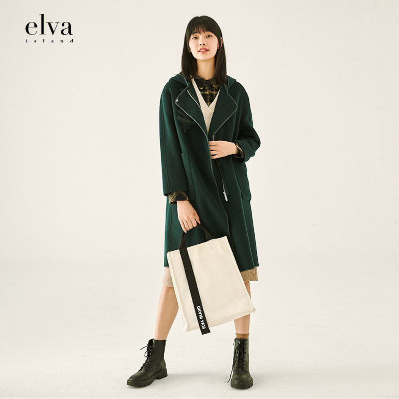 elvaisland纯羊毛呢外套2021冬大翻领中长款连帽双面呢子大衣女