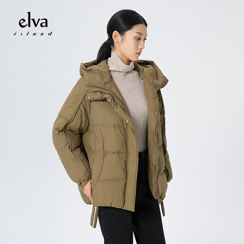 elvaisland黄色短款连帽羽绒服女冬宽松2022新款羽绒服