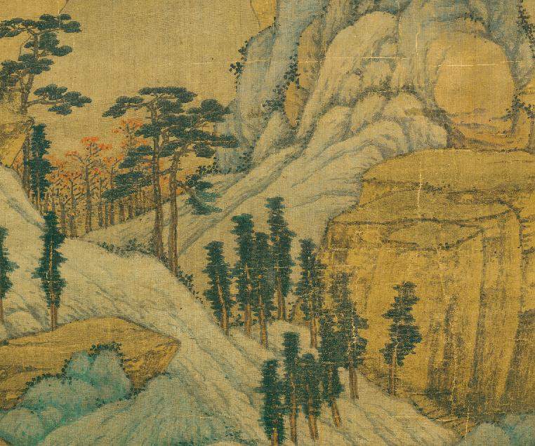 画画博物馆高清天津收藏沈周青绿山水图绢本国画国画