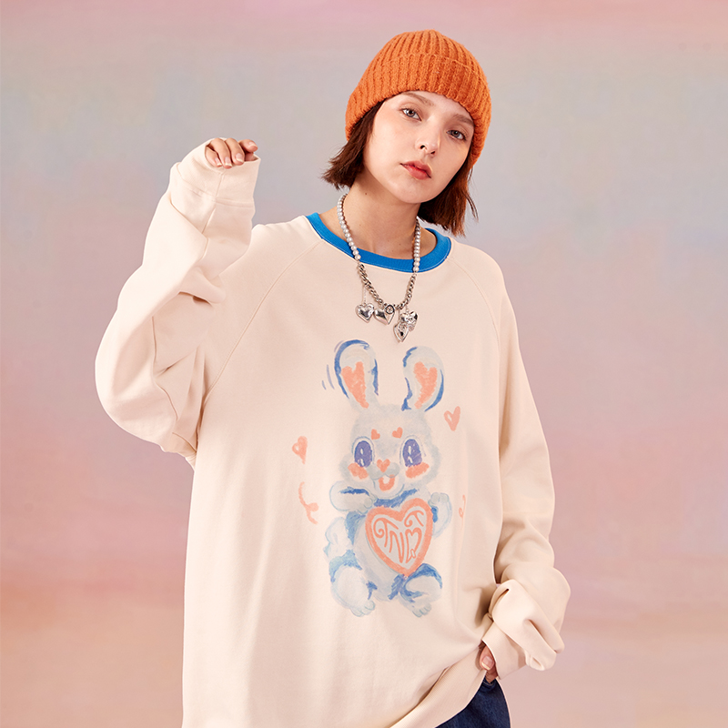 TNQT心碎创可贴 水墨小兔子撞色宽松可爱长袖女领口套头卫衣男潮