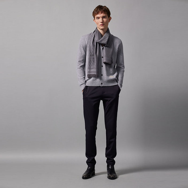 rare威雅男装秋冬男士毛衣开衫灰色条纹古巴针织衫