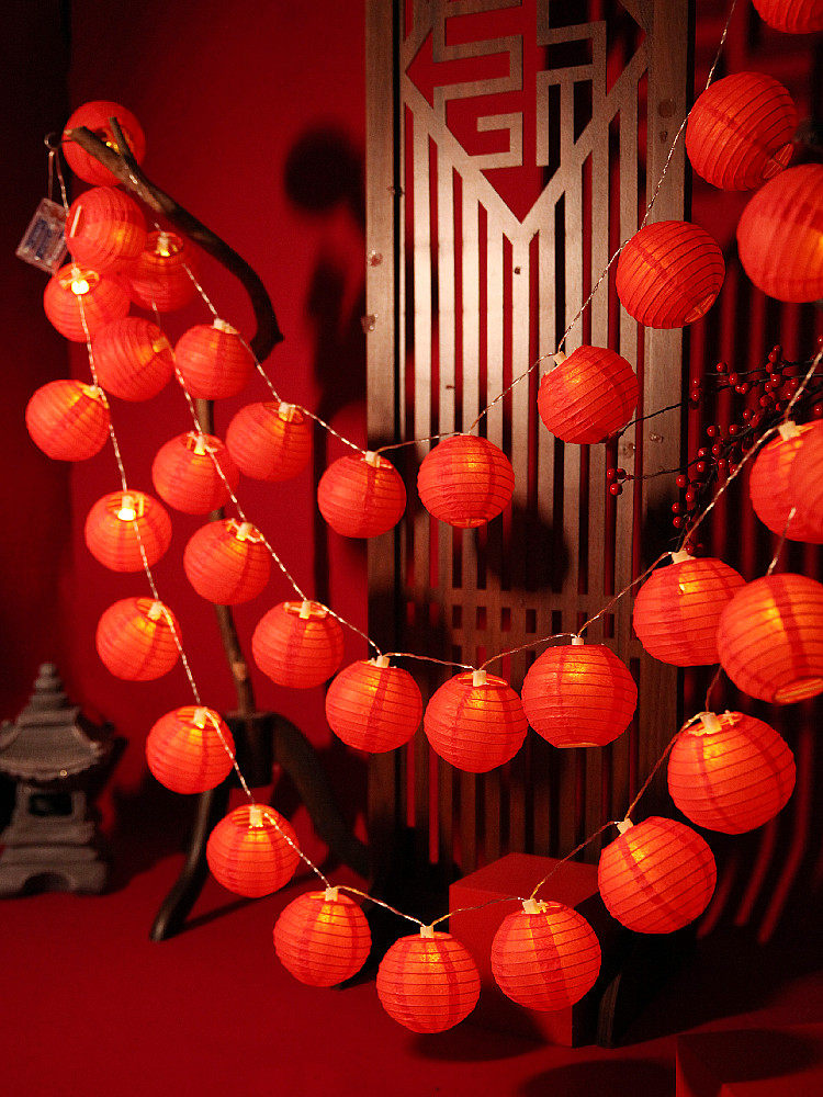 新年红灯笼串结婚庆中式圆形喜庆发光宫灯挂串灯笼