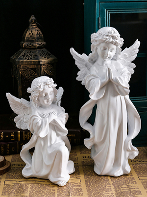 欧式复古少女天使摆件美式做旧树脂石膏雕像小天使女孩桌面装饰品