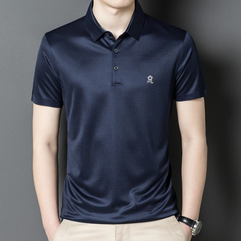 梦特娇短袖T恤男夏季桑蚕丝中年商务休闲法式时尚条纹冰丝polo衫