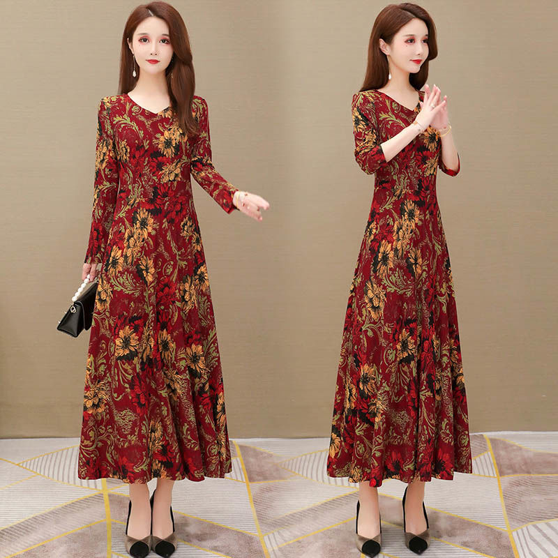 女装连衣裙过膝气质裙显大摆印花春秋装长款清仓连衣裙