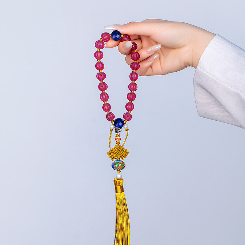 方元老十八子流苏绳艺手工背云花丝压襟琉璃磨砂手链