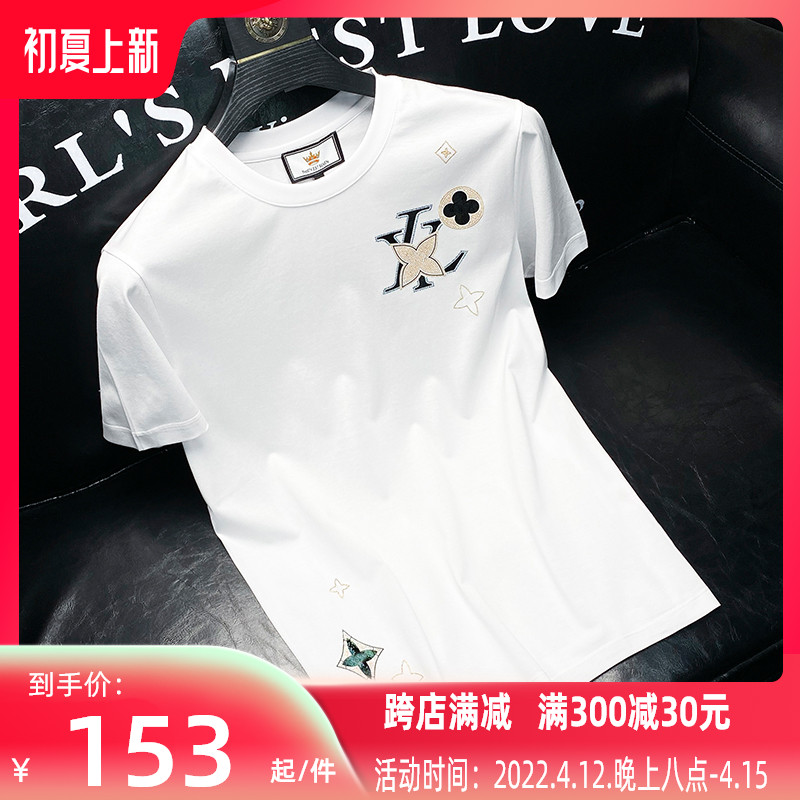 欧洲站冰丝光棉白色t恤男短袖修身夏季薄款烫钻圆领T恤半袖男士潮