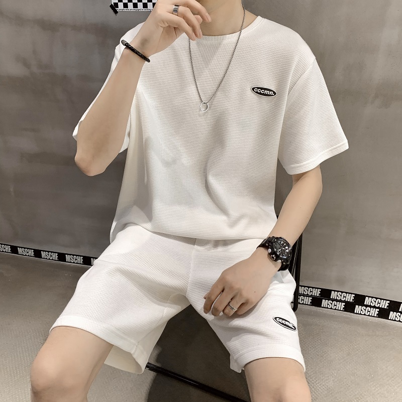 华夫格短裤短袖t恤男装夏季薄款宽松青少年休闲夏装套装男士潮流