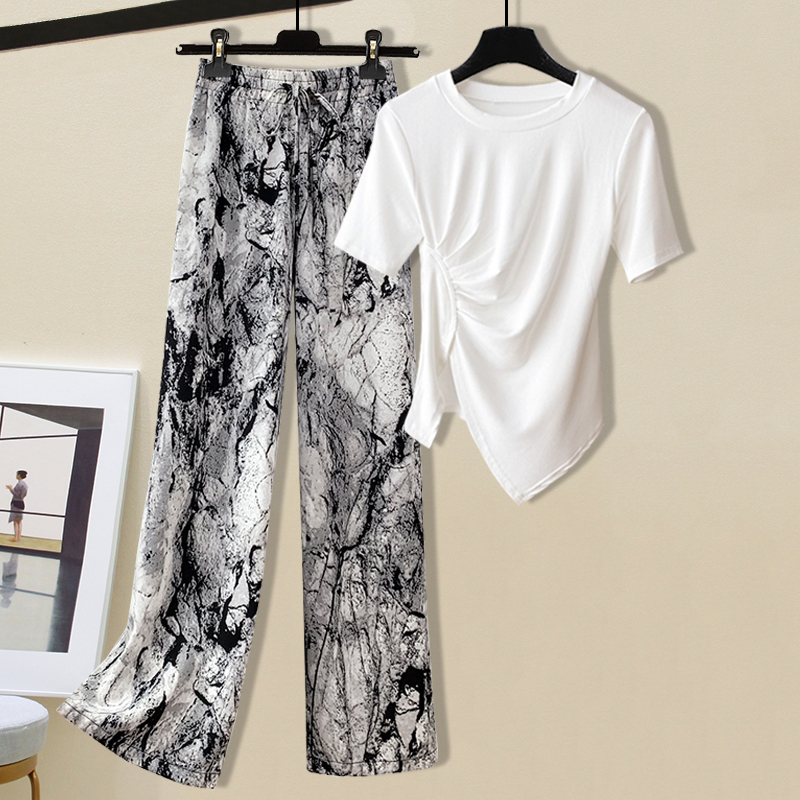 炸街套装女夏设计感不规则开叉短袖T恤+扎染阔腿休闲裤大码两件套