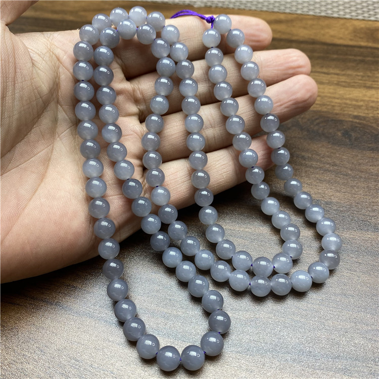 精品天q然和田玉青海老料冰底烟紫圆型珠佛珠链男女款高端玉石