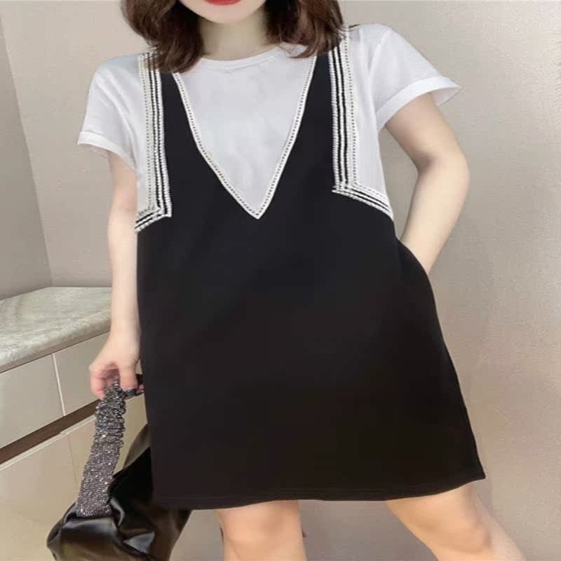 2021夏流行女装款式,2021最流行的女装夏款 时尚假两件拼接短袖t恤裙宽松连衣裙欧洲站2021夏季女装新款欧货