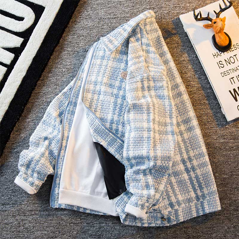 夹克男春秋季潮牌宽松格子针织小香风外套男士韩版休闲开衫上衣服