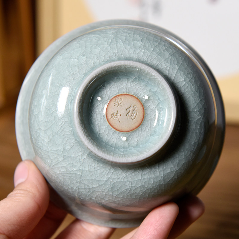 全手拉卵青冰片三才盖碗泡茶汝州原产地汝瓷杨聚斌盖碗