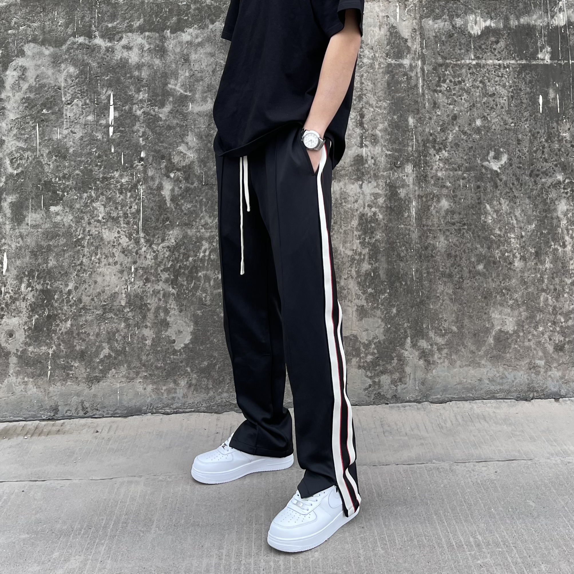 夏季高街vibe侧条纹织带阔腿卫裤宽松运动长裤潮牌直筒休闲裤子男