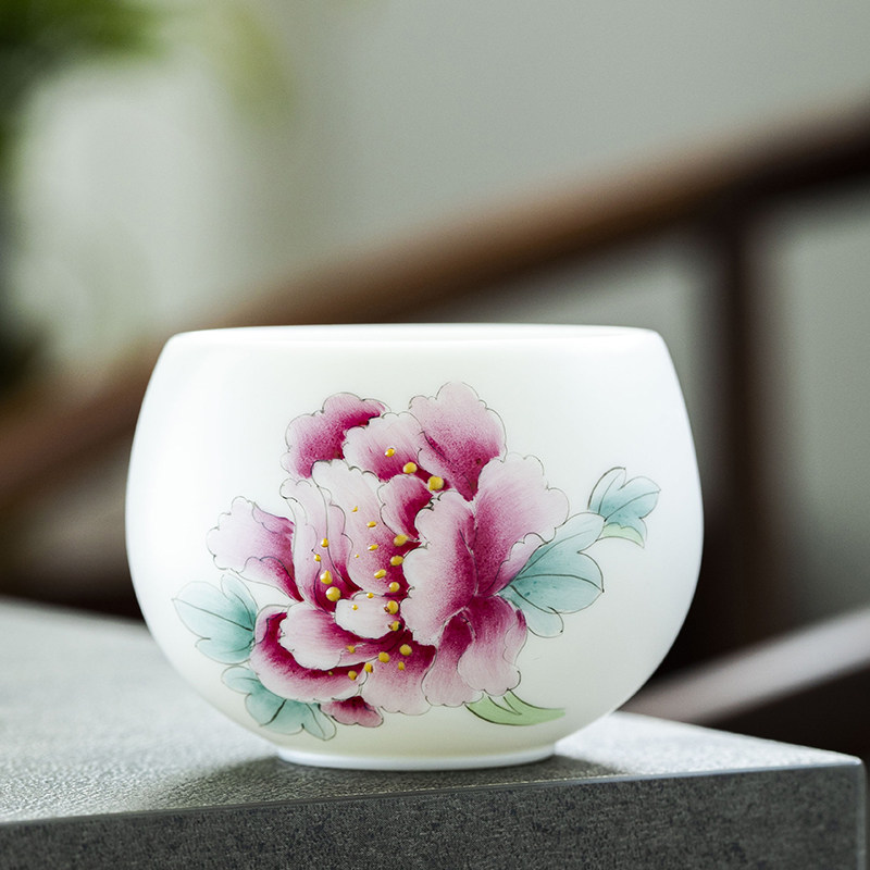 钰铨龙门德化白瓷羊脂玉瓷手绘荷花牡丹花无釉茶杯