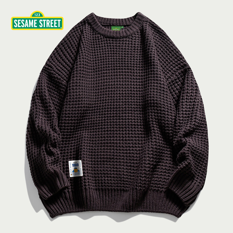 sesamestreet芝麻街华夫格圆领针织衫宽松潮牌套头毛衣针织衫
