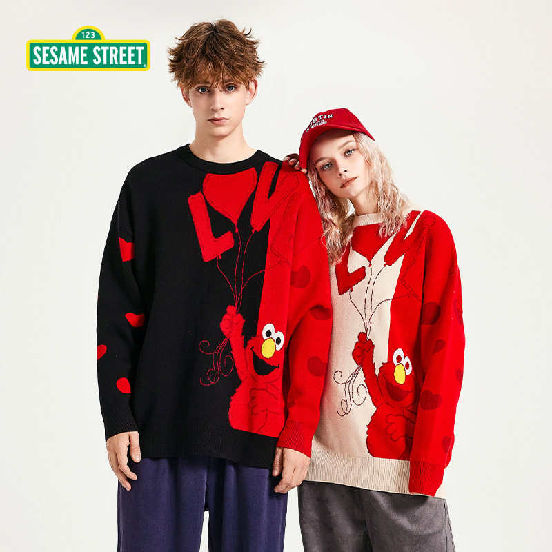 sesamestreet芝麻街毛衣爱心慵懒圆领情侣装针织衫男女针织衫