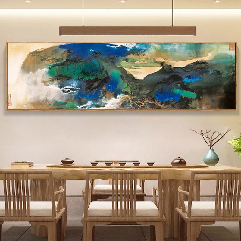 张大张大千千爱痕湖泼墨青绿山水画横幅宣纸画芯国画