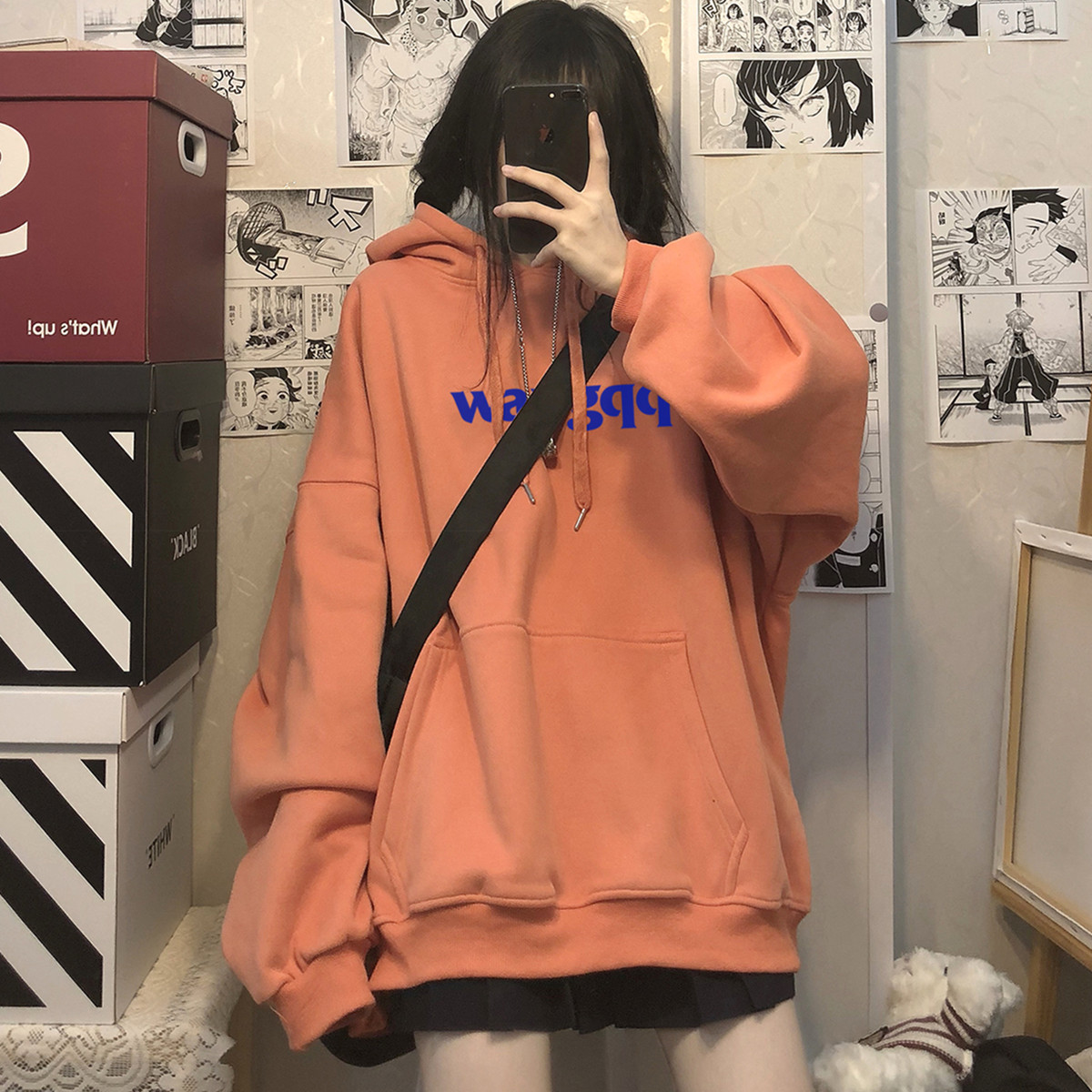 美式复古奶系卫衣春秋oversize连帽橙色加绒厚hiphop上衣女闺蜜装