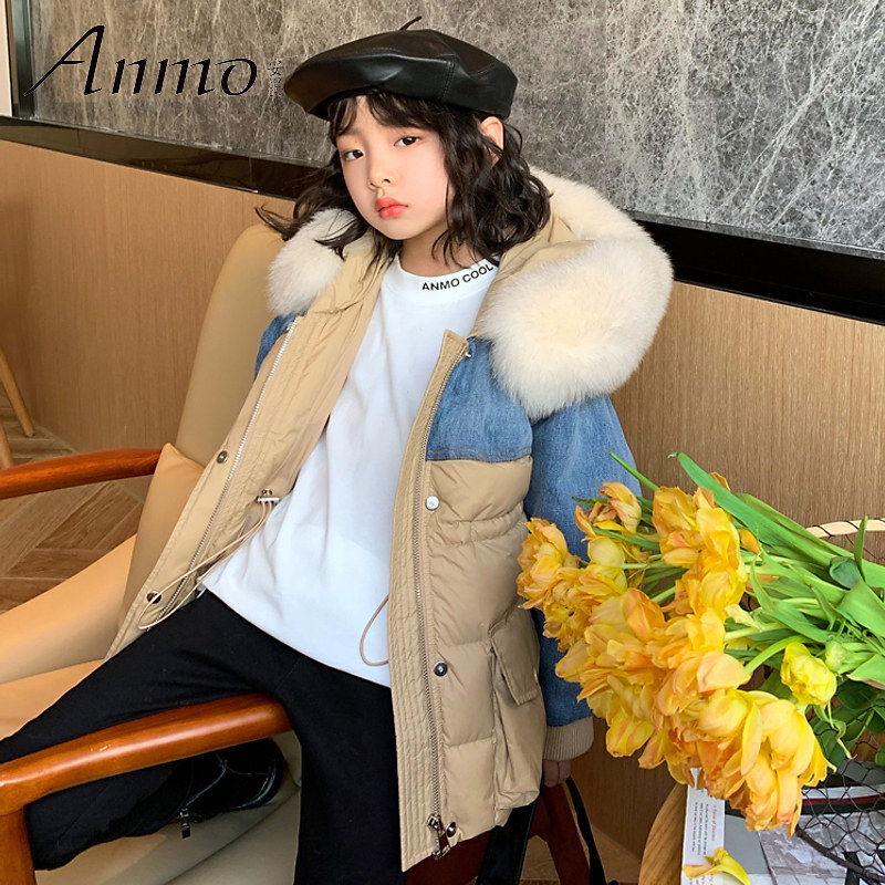 anmo安墨童装女童品牌羽绒服短款冬季中大童拼色羽绒服