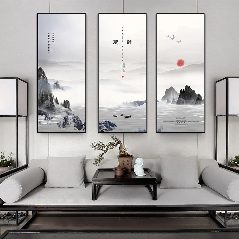 新中式三联风景茶室书房挂画水墨山水背景墙沙发现代装饰画