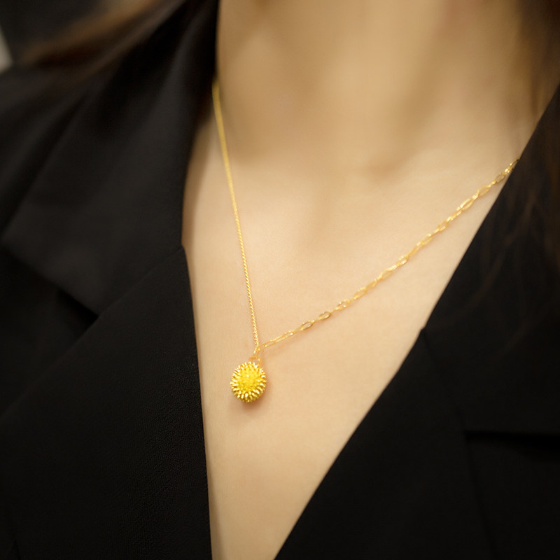 黄金榴莲项链女生纯金吊坠ab5g极光金套链颈饰