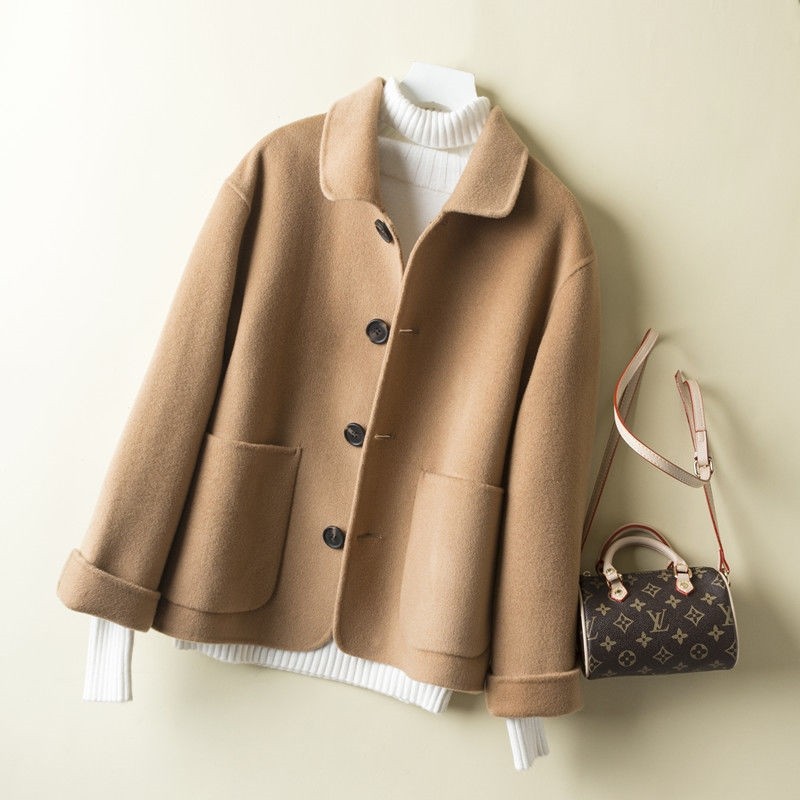 满119元减10元 双面羊毛大衣女短款春秋冬小个子娃娃领毛呢子外套短外