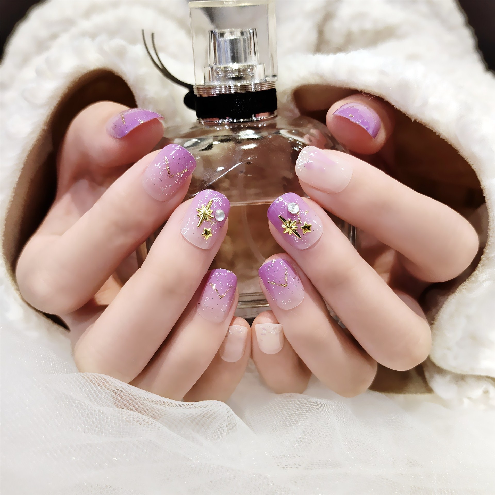 淡紫星辰短款少女网红美甲甲片成品星星贝壳美甲工具