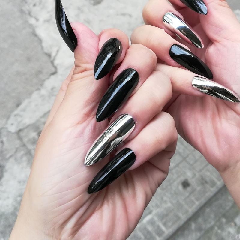 夸张超长气质美甲甲片成品黑色ins镜面跳色美甲工具