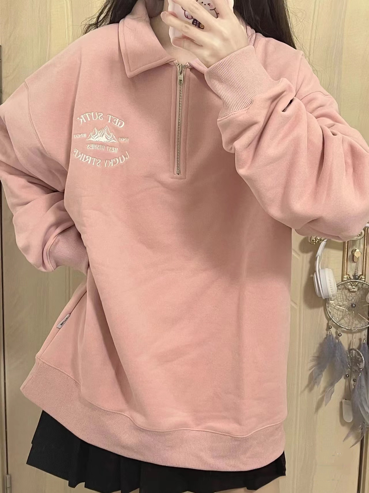 日系polo粉色加绒卫衣女秋冬新款宽松潮牌复古polo衫