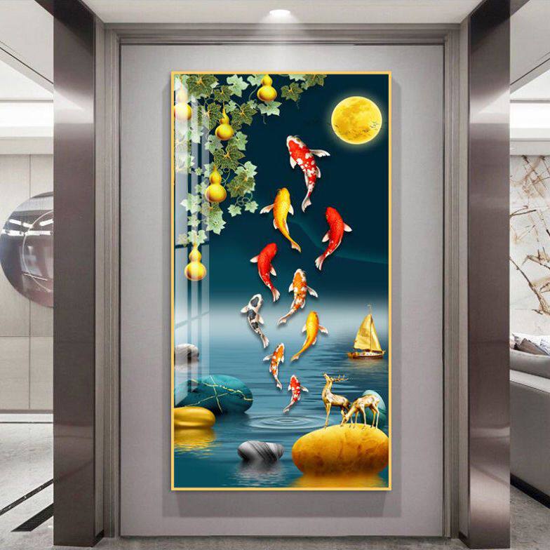 轻奢玄关装饰画招财九鱼背景墙现代简约走廊过道竖版现代装饰画