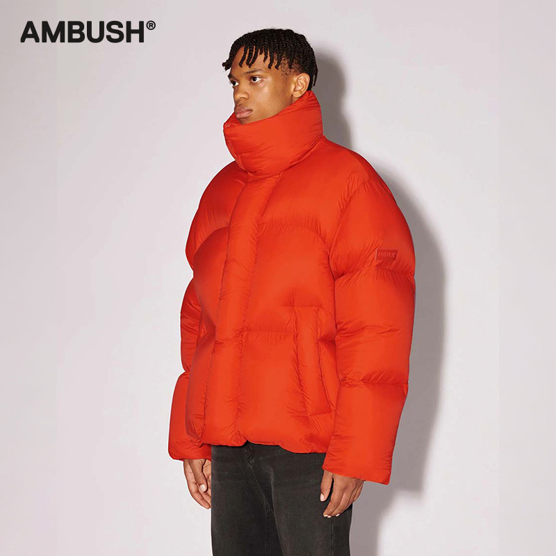 ambush款橘色羽绒服泡芙口袋高领保暖鸭绒女同品男羽绒服