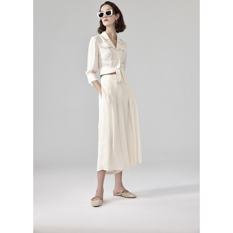 reblue轻奢女装简约通勤休闲优雅知性气质高级设计绑带短款衬衫