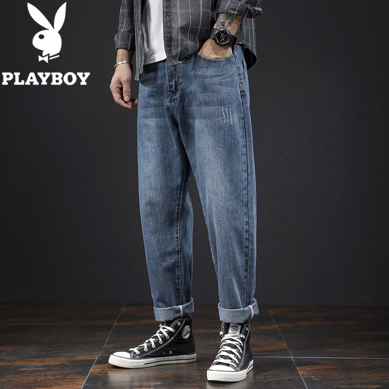 花花公子牛仔裤男士夏季2022新款宽松直筒裤子韩版潮流休闲九分裤