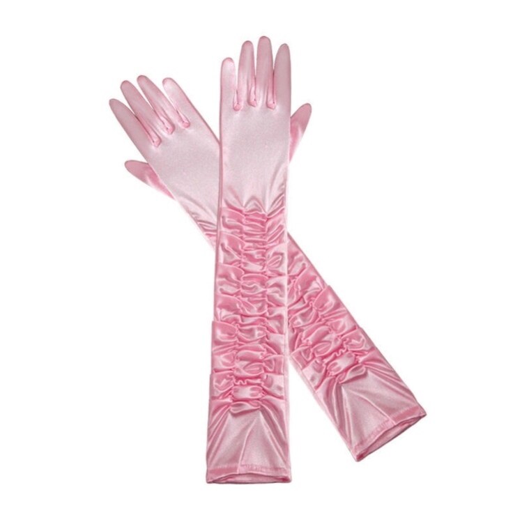 网红粉色缎面手套打褶褶皱婚纱礼服舞台派对生日手套