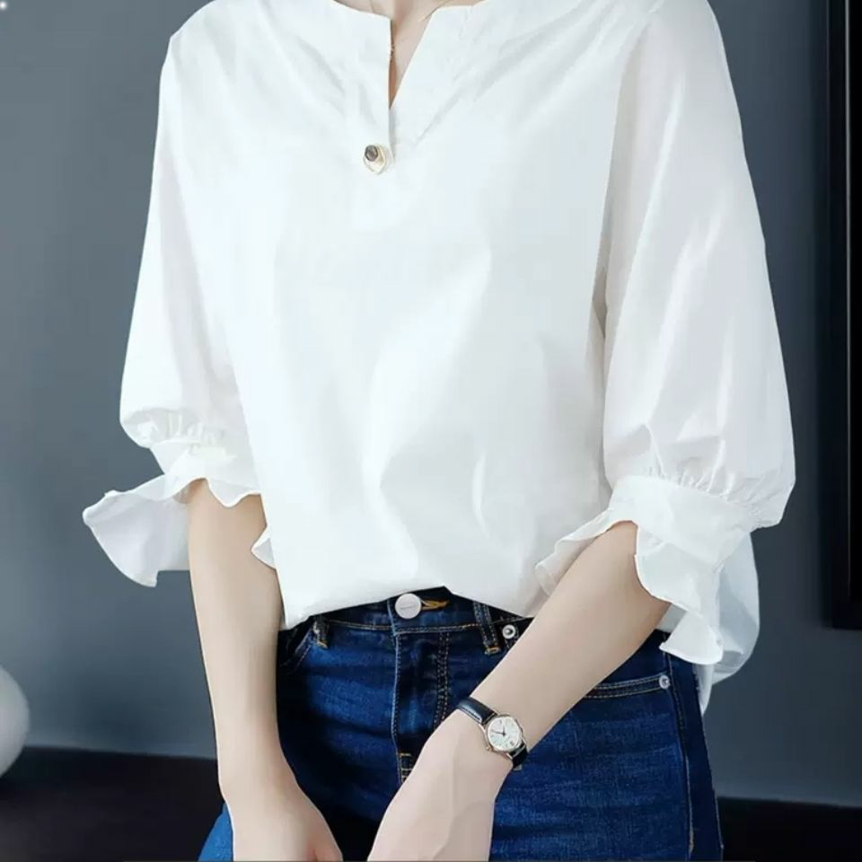 白衬衫2022新款女宽松棉质半袖上衣夏薄款中袖前短后长洋气七分袖