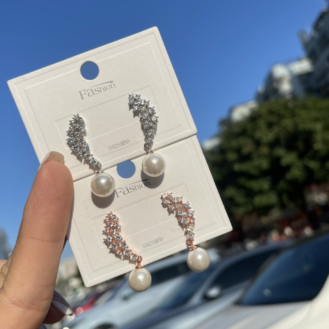 饰品星语s925银耳耳钉轻奢满钻月珍珠女防过敏耳环