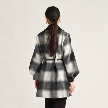 Stefanie Clothing 2024 spring new style temperament large lapel waisted plaid mid-length woolen jacket style as the mall