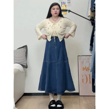 Fat mm retro blue denim skirt women's summer new slimming half-length skirt plus size women's a-line long skirt umbrella skirt